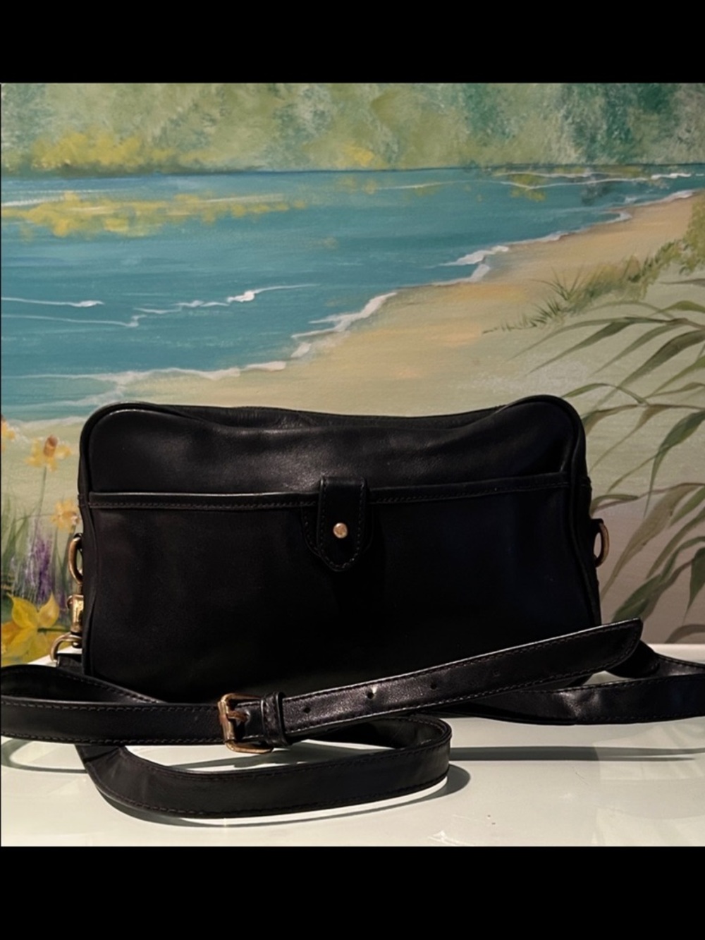 Vintage Ralph Lauren Black Leather Crossbody Bag with Gold Hardware